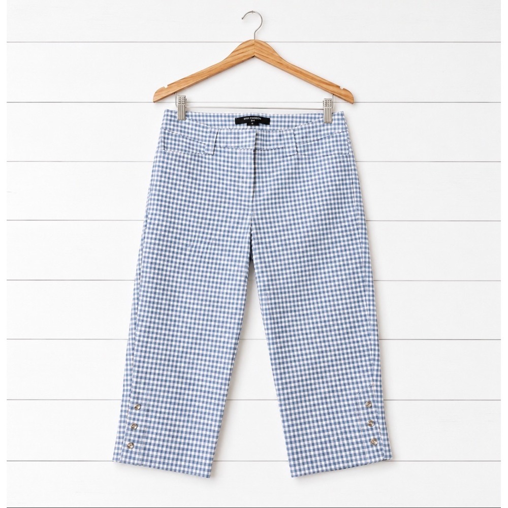 89th & Madison Blue White Gingham Capri Pants Size 6 Rhinestone Button Hem